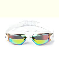 男女高清防水防雾成人连体耳塞时尚炫彩电镀专业近视泳泳眼镜装备 86A-炫彩电镀 白色款 不近视 [单个泳镜]