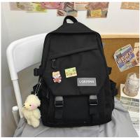 书包女ins森系百搭双肩包女夏天2021新款女大小学生初高中生背包 纯黑色[尼龙普通无防盗袋] 裸包