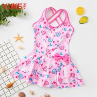 儿童泳衣女童连体小童中大童裙式韩版可爱公主女孩游泳衣学生泳装 嫩粉色 M (建议90-100cm)