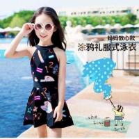 新款泳衣女孩中大童韩国分体裙式平角儿童泳衣女童初中学生游泳衣 黑色涂鸦 L(建议身高80-90cm)