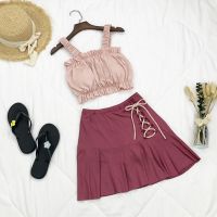 小香风两件套泳衣女分体高腰显瘦裙式保守遮肚学生吊带性感泳装 粉红色 S 建议[80-90斤]