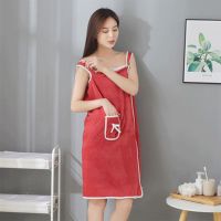 成人可穿浴巾斗篷连帽吸水不掉毛女吊带浴裙洗澡裹巾加大码抹胸裙 无帽肩带款浴裙[红色]