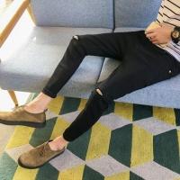 秋季破洞牛仔裤男韩版青少年九分裤学生修身潮流小脚乞丐裤子男装 一字破黑 34(XXL)码