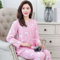 夏季睡衣女棉绸长袖薄款中青年套装人造棉大码透气家居服 粉纹水仙[一套] M (80-100斤)