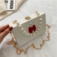 珍珠蝴蝶结小方包串珠手提盒子包斜挎包女学生韩版百搭夏季手机包 白色