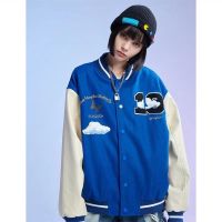 2021春秋季新款潮牌白云立体毛巾绣拼接棒球服毛呢夹克情侣外套女 蓝色 M