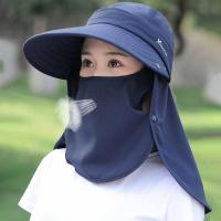 顶瓜瓜防晒帽子女夏天遮脸护颈防紫外线太阳帽出游骑行大沿遮阳帽 藏青 均码帽子面罩二合一