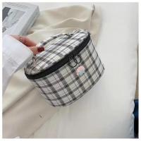 新款双C韩版横款圆桶化妆包时尚简约百搭大容量彩妆护肤品收纳包 格子黑色小954-989