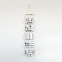收纳挂袋可爱挂兜杂物整理神器墙上收纳袋清新风格布艺简约储物袋 五兜[白底+白格袋]送透明粘钩