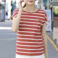 啄木鸟条纹t恤女装2021新款潮ins夏装上衣洋气妈妈短袖显瘦体恤衫 砖红条 M