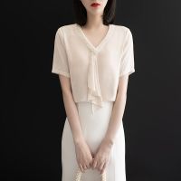 2021夏季新款日系钉珠飘带V领雪纺衫女短袖衬衫洋气小衫气质上衣 米白色 S 80-100斤