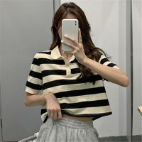 polo衫短袖条纹T恤女2021夏季韩版学生显瘦短款设计感露背上衣潮 黑色 M