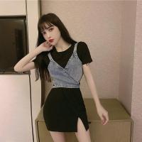 洋气显高炸街套装时尚绑带牛仔小吊带配开叉短袖连衣裙两件套女 单黑色裙子 S