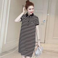 加肥加大码女装200斤夏装韩版显瘦休闲中长款条纹胖mm短袖连衣裙 黑色 XL 建议130-150斤
