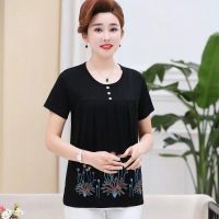 2020款中老年女夏季新款短袖妈妈装宽松大码时尚T恤女装印花小衫 黑色-莫代尔棉 4XL 建议135-160斤