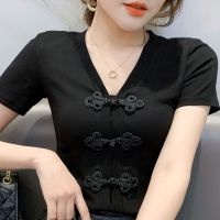 短袖t恤上衣女V领时尚复古民族风2021夏季甜辣新款性感百搭打底衫 黑色 XS 建议50斤内