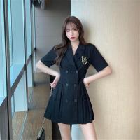 西装连衣裙黑色修身双排扣轻熟风短裙子夏季百褶裙显瘦气质短裙女 黑色 S