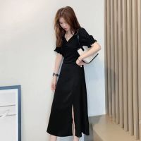 2021新款韩版小个子显瘦收腰夏季长款ins开叉法式复古超仙连衣裙 黑色[长款优质版] S [80-90斤]