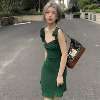 吊带连衣裙女2021夏季新款韩版修身辣妹木耳边系带设计感小众裙子 图片色(绿色) L