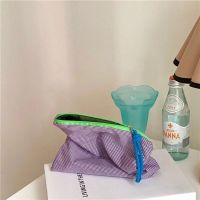 格子化妆包ins日韩简约收纳文件袋撞色彩色棉布格纹储物笔袋 紫色格子