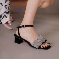 2021夏新款高档凉鞋明星同款大王高跟鞋女一字带水钻方头粗跟凉鞋 黑色5CM 35