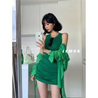 2021年夏季新款时尚洋气防晒衬衣开衫气质无袖连衣裙两件套女套装 绿裙 S