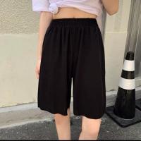 冰丝阔腿裤女高腰垂感黑色宽松夏季薄款拖地休闲九分直筒夏天长裤 黑色[松紧五分裤] S 建议70-90斤