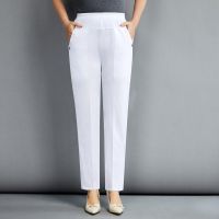 冰丝中老年女裤夏季薄款高腰松紧弹力妈妈裤宽松直筒休闲裤女长裤 白色 XL 90-105斤