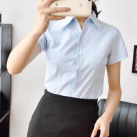 春秋新款女浅蓝斜纹长袖衬衫职业装工装棉v领白衬衣短袖收腰ol 浅蓝斜纹V领短袖 S