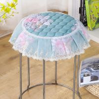饭店小圆凳子套罩圆形防滑通用家用蕾丝布艺全包椅子板凳套子坐垫 罗米欧绿 圆凳直径30cm[3条绑带]
