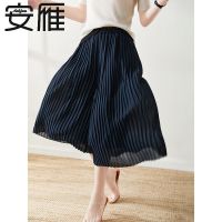 重工立体风琴百褶裤裙宽松高腰松紧休闲裤夏季通勤薄阔腿裤七分裤 烟青蓝 M