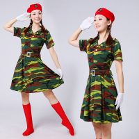 军旅演出服舞台服装民族女兵迷彩裙儿童舞蹈服男女套装广场舞裤装 绿色迷彩裙短袖成人 M 成人