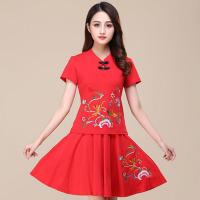 民族风新款绣花表演服演出大码女装长裙短裙广场舞蹈服女套装 红色短袖+红色短裙 M 85-90斤