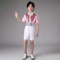 幼儿园六一儿童节演出服夏季男女童粉色公主裙蓬蓬纱裙舞蹈演出服 新款粉祥云亮片男短 110