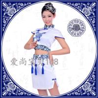 现代舞演出服女青花瓷打鼓服快板舞蹈服新款特价民族中国风表演服 旗袍一步裙 S