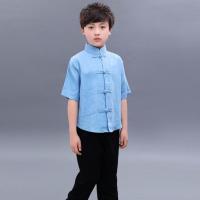 新款棉麻演出服表演汉服古装民国风学生服装五四青年装男女童套装 男款蓝色 斜纹套装 110