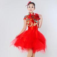 现代舞蹈演出服装女成人春季打鼓快板表演中国风短袖广场舞连衣裙 红色 S