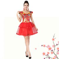 演出服装女成人扇子舞中长款快板表演现代舞蹈服春季广场舞连衣裙 大红色 S