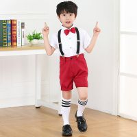 六一儿童演出服背带裤中小学生大合唱团服男女童诗歌朗诵表演服 男孩 酒红 短袖五件套 110