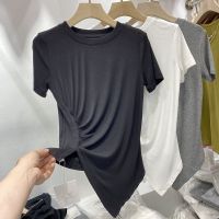 夏季新款皱褶短袖T恤女装修身开叉设计感性感显瘦洋气打底衫上衣 黑色 S 建议70-90斤