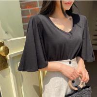 女人味显胸显身材垫肩v领飞飞袖遮肉T恤ins弹力短款显瘦紧身上衣 黑色 XS