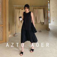 2021夏季新款背心裙气质荷叶边裙宽松天丝中长款无袖A字连衣裙子 黑色 M 建议110斤内