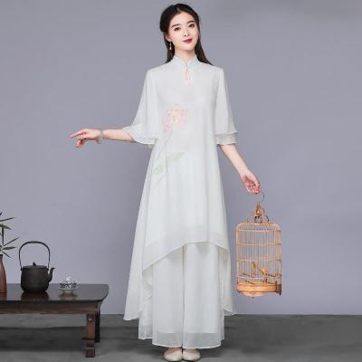 中国风唐装套装茶服文艺复古雪纺连衣裙禅服女(裤裙要另外拍) 白色 M