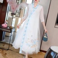 唐装中国风复古2021春款女装汉服绣花中国风中式旗袍改良版连衣裙 白色 M