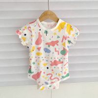 女童短袖三角哈衣2021新款睡衣新生儿包屁衣夏季宝宝小童婴儿爬服 荷边 彩波普纹 纯棉透气提花面料 66