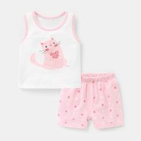 咔咔熊猫婴儿衣服满印无袖背心套装短裤夏装儿童男女宝宝两件套 Y4553粉领猫咪 73cm