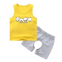宝宝背心短裤套装2021新款夏装帅气婴儿童洋气男童开裆裤两件套潮 黄+灰 熊猫宝宝 80