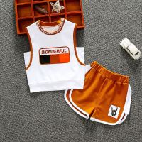 男童背心套装夏装2021新款3婴儿五岁薄款六条纹2小学生无袖两件套 咖色方块短袖两件套 80 建议7-13个月15-21