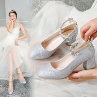 礼服鞋女中跟平底礼服艺考高跟鞋学生钢琴演出鞋水晶鞋低跟伴娘鞋 银色 钻石6.5cm圆粗跟 34