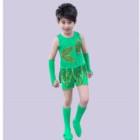 儿童绿色公主裙蓬蓬裙纱裙合唱服幼儿春晓小草演出服茉莉花舞蹈服 男款 短袖短裤 100